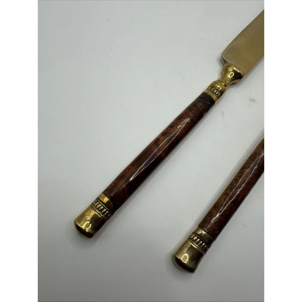 Vintage Burl wood handled carving‎ set. Gold tone.